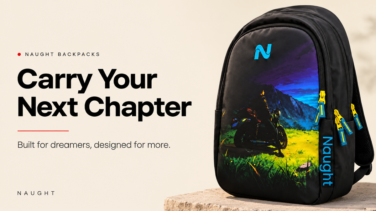 Naught printed backpack with a full panel motorcycle and night landscape print, above the line Carry Your Next Chapter