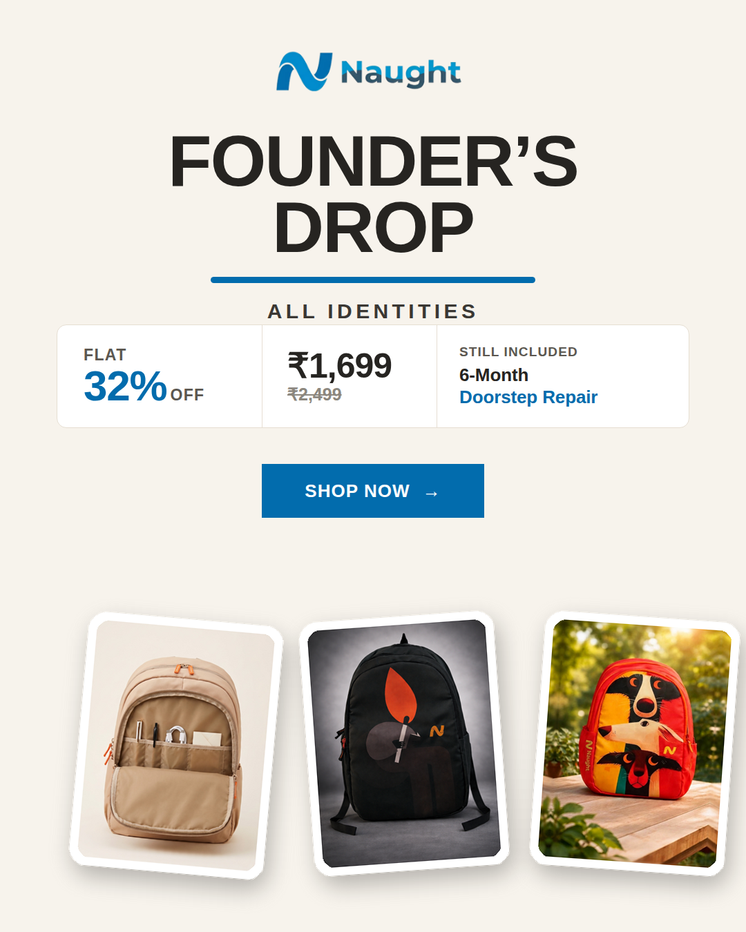 Naught Founder's Drop — flat 32% off, ₹1,699, 6-month doorstep repair included