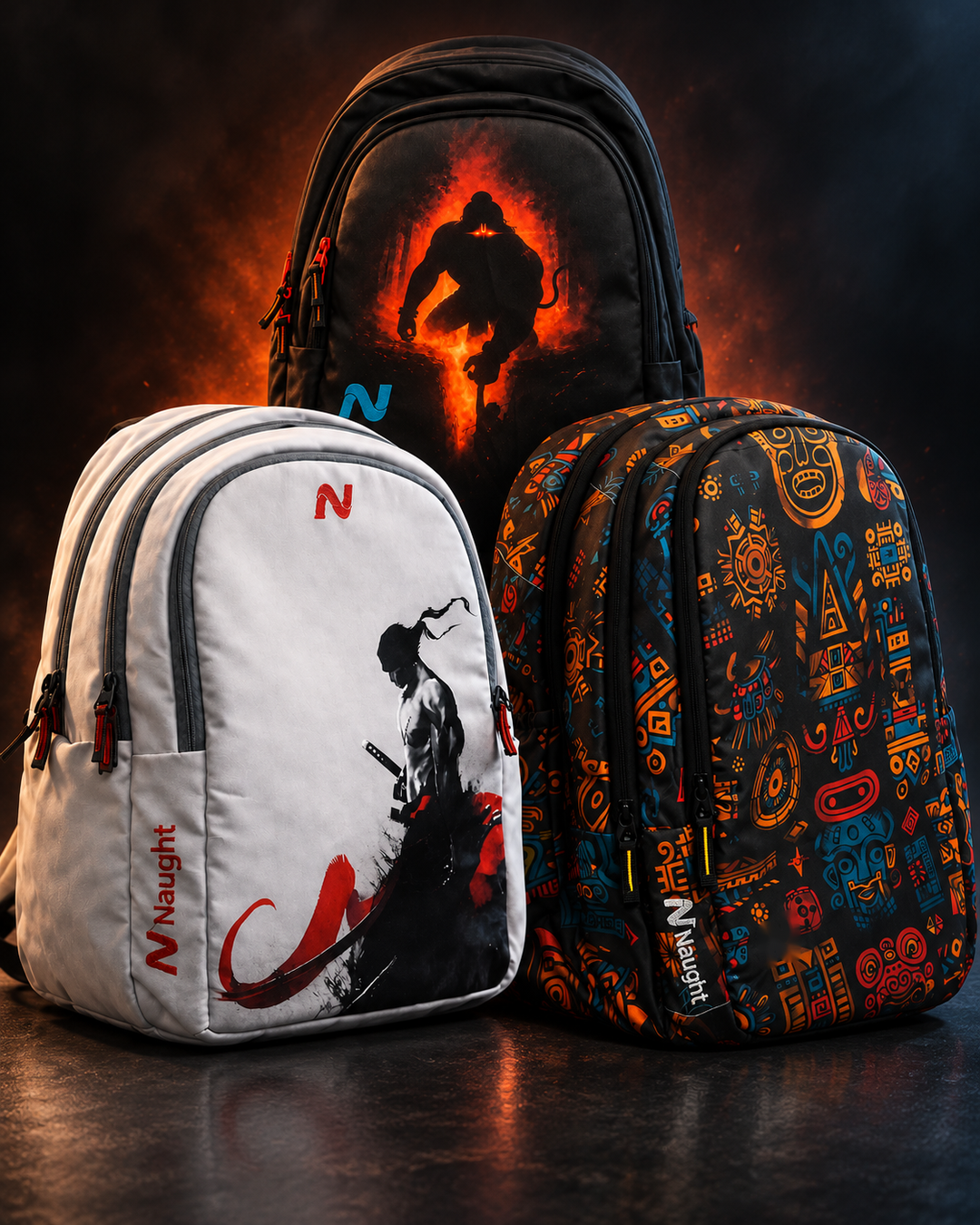Naught hero banner — Warrior, Saviour and Theist backpacks on a dark studio floor