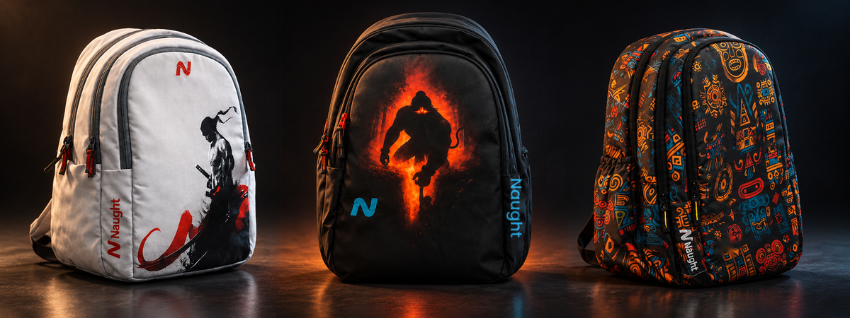 Naught hero banner — Warrior, Saviour and Theist backpacks on a dark studio floor