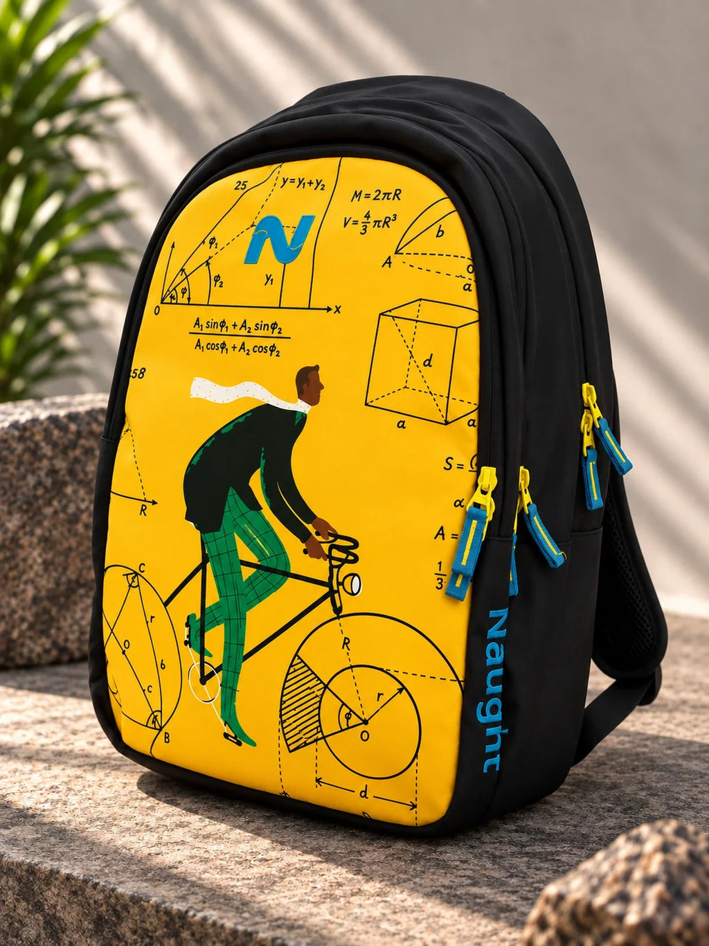 Naught Engineer Backpack 45L water-resistant black backpack with yellow engineering artwork front view