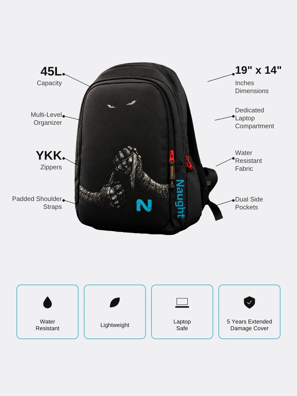 Naught Fighter Backpack specifications 45L capacity laptop compartment