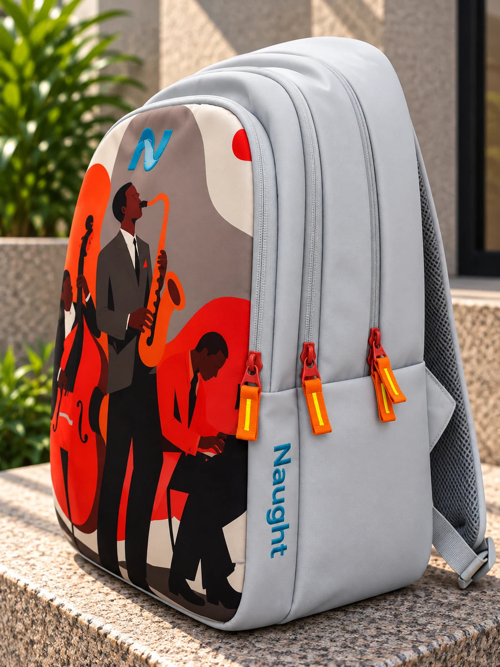 Naught Music Lover Backpack side view with Naught wordmark and orange zip pulls