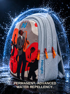 Naught Music Lover Backpack repelling water inside a glowing blue shield — permanent advanced water repellency