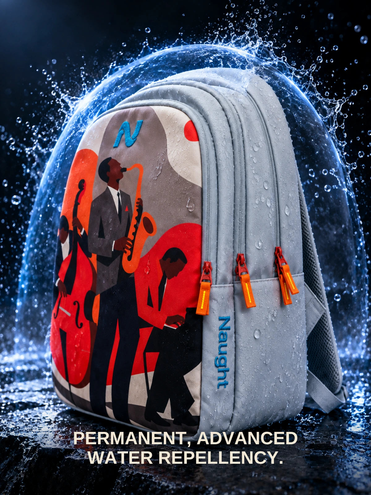 Naught Music Lover Backpack repelling water inside a glowing blue shield — permanent advanced water repellency