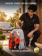 Naught courier collecting a Music Lover backpack from the doorstep — pickup, fixed and re-delivered within 24 hours, 5 years extended damage cover