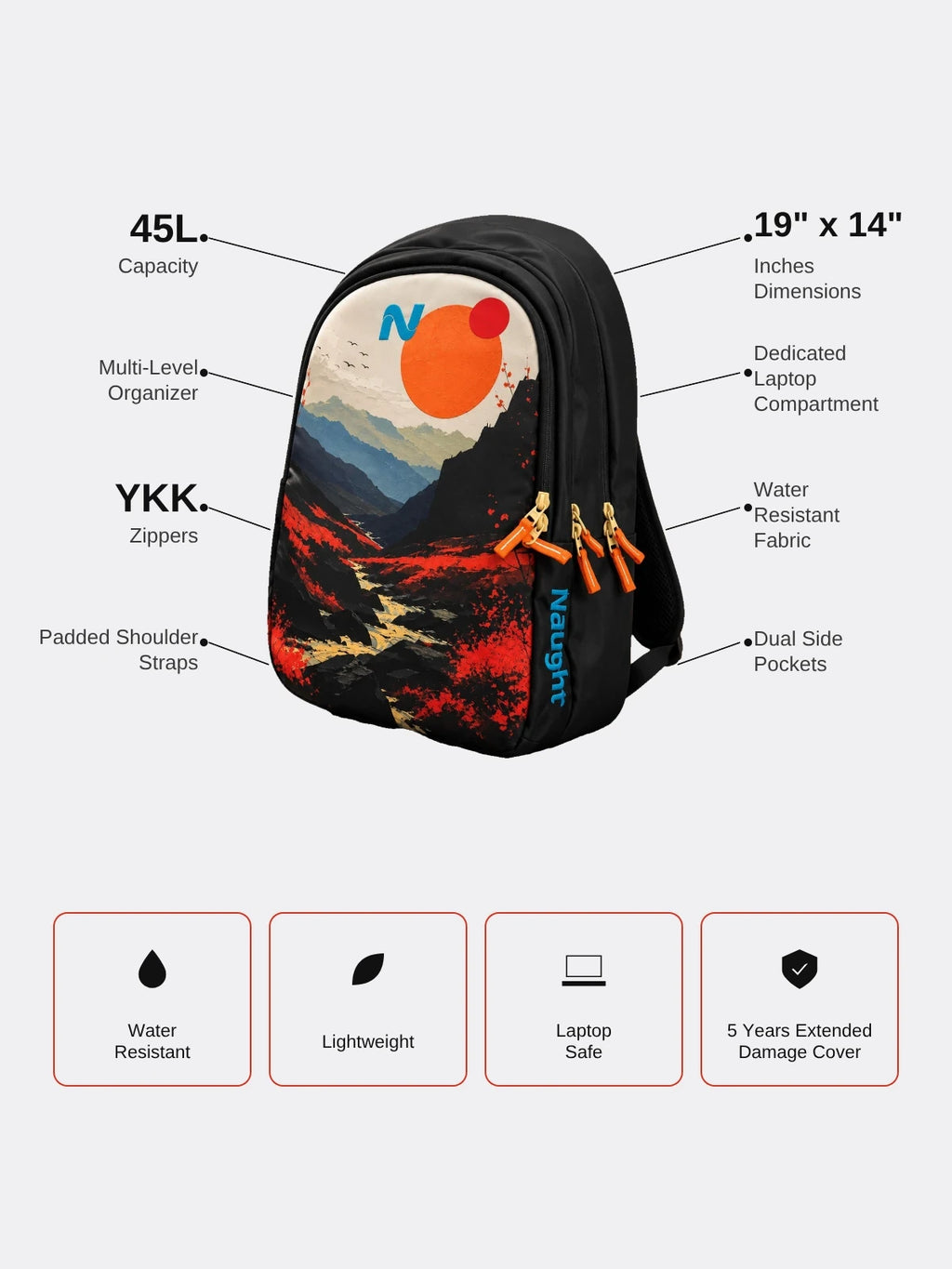 Naught Nature Lovers Backpack specifications 45L capacity laptop compartment