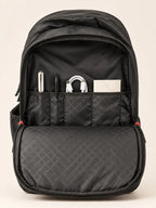 Naught backpack open, organiser pockets holding pens, cable and cards
