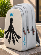 Naught Potential Unlocker Backpack side view with naught wordmark and triple zip pockets