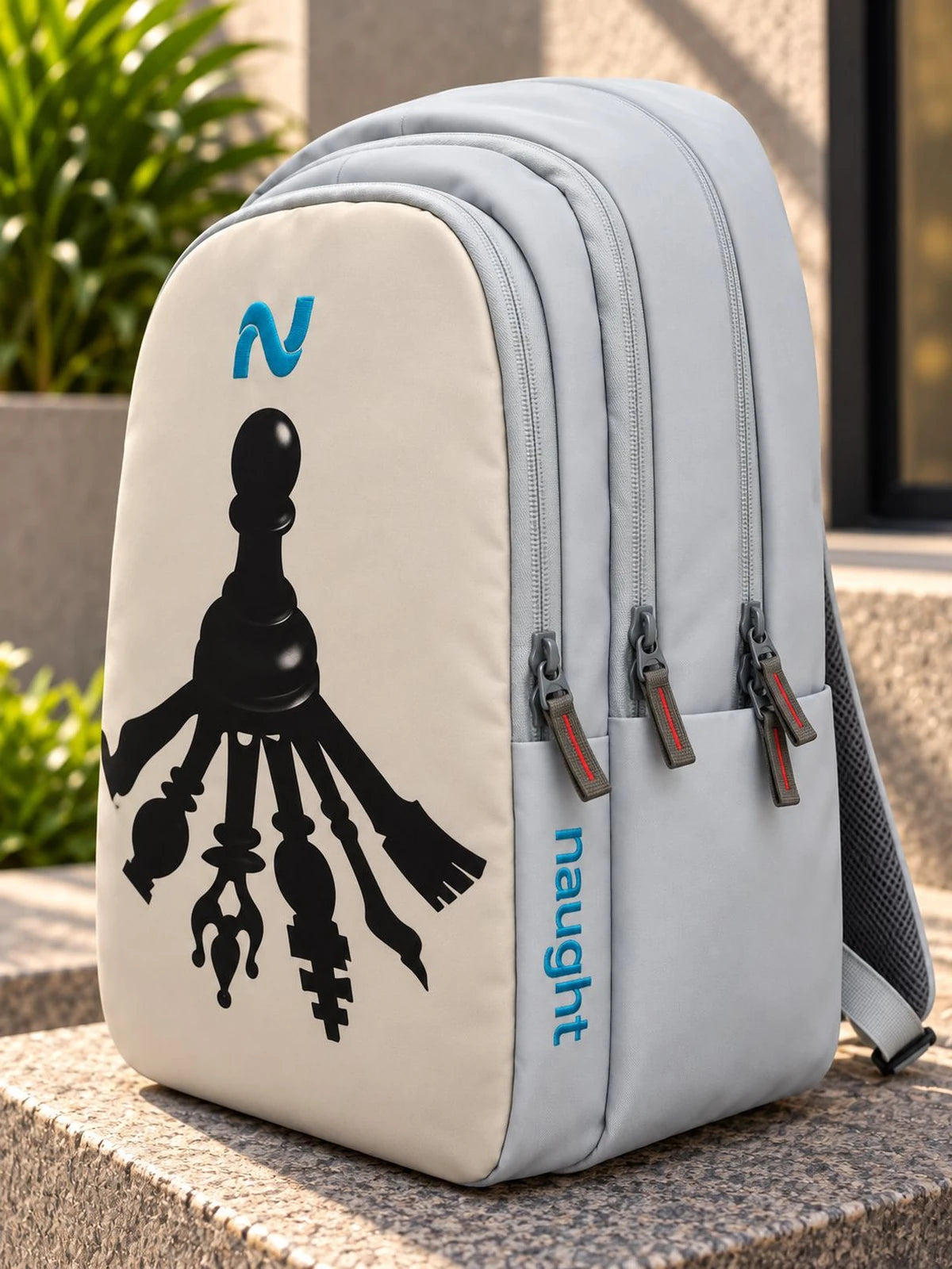 Naught Potential Unlocker Backpack side view with naught wordmark and triple zip pockets