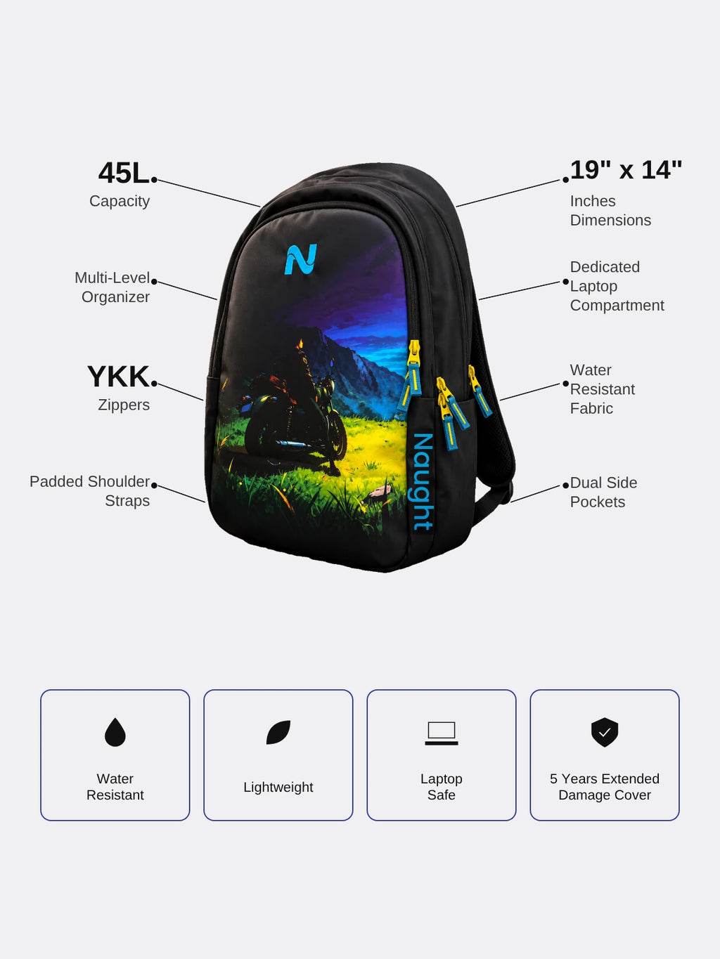 Naught Riders Backpack specifications 45L capacity laptop compartment