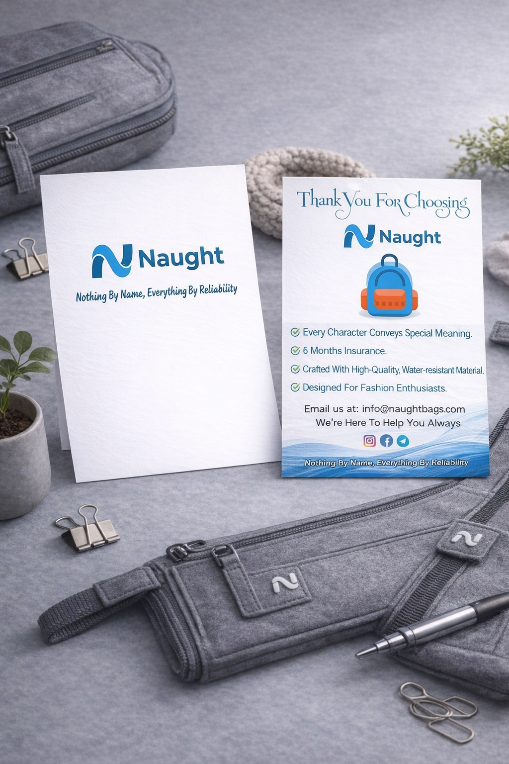 Naught thank you card included with every backpack