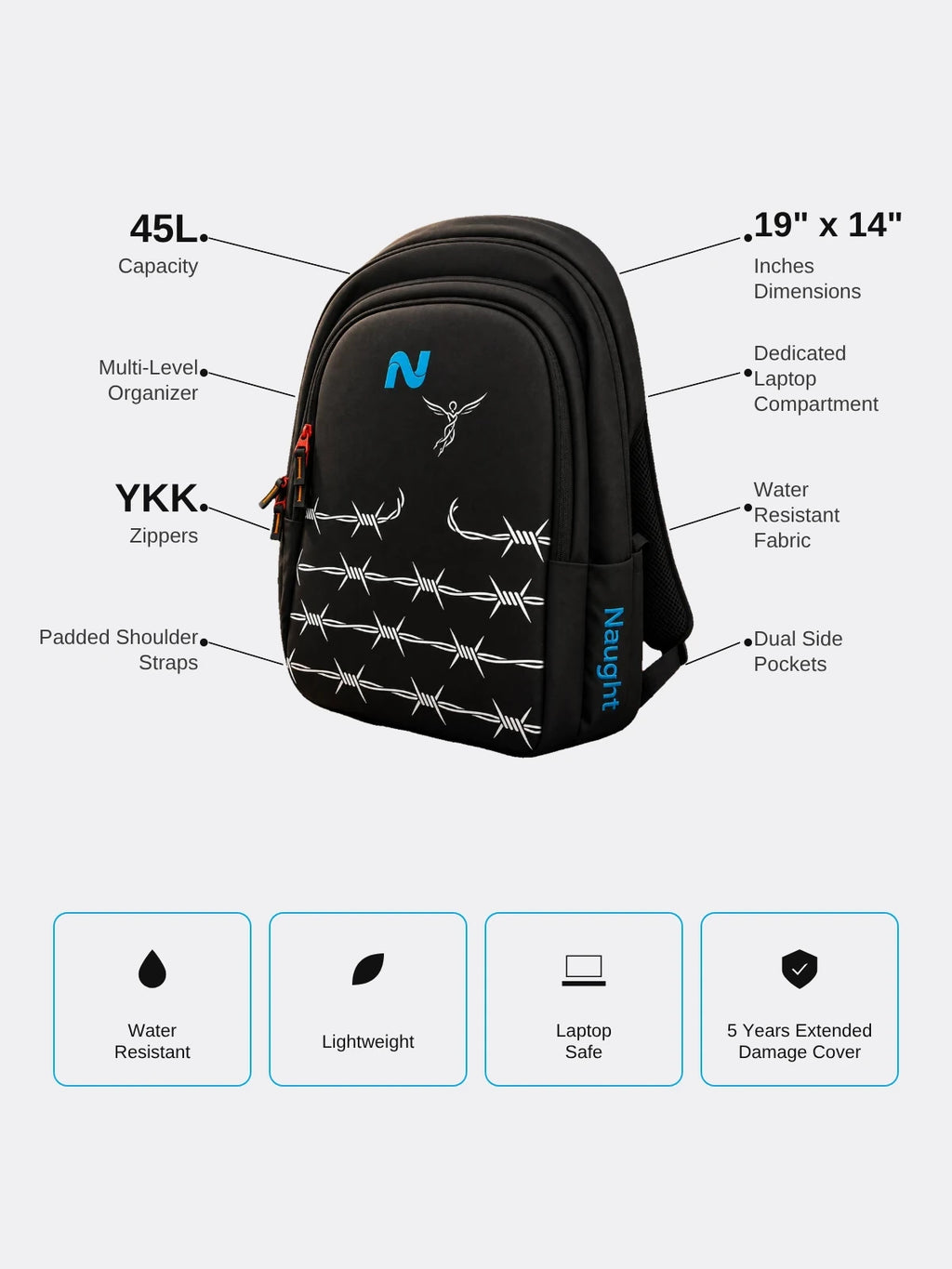 Naught Trend Breaker Backpack specifications 45L capacity laptop compartment