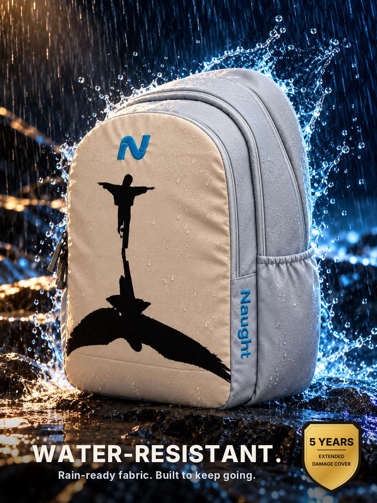 Naught Wings of Freedom backpack in heavy rain — water-resistant fabric